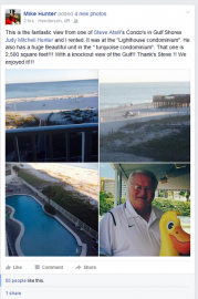 Facebook post made by a visitor to our Alabama Beach Condo . 

"This is the fantastic view from one of Steve Atwill's Condo's in Gulf Shores Judy Mitchell Hunter and I rented. It was at the "Lighthouse condominium". He also has a huge Beautiful unit in the " turquoise condominium". That one is 2,500 square feet!!! With a knockout view of the Gulf!! Thank's Steve !! We enjoyed it!!!"